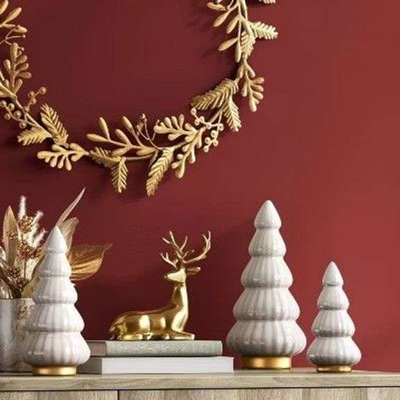 Set of Ceramic Christmas Tree Figurines with Gold Accents image