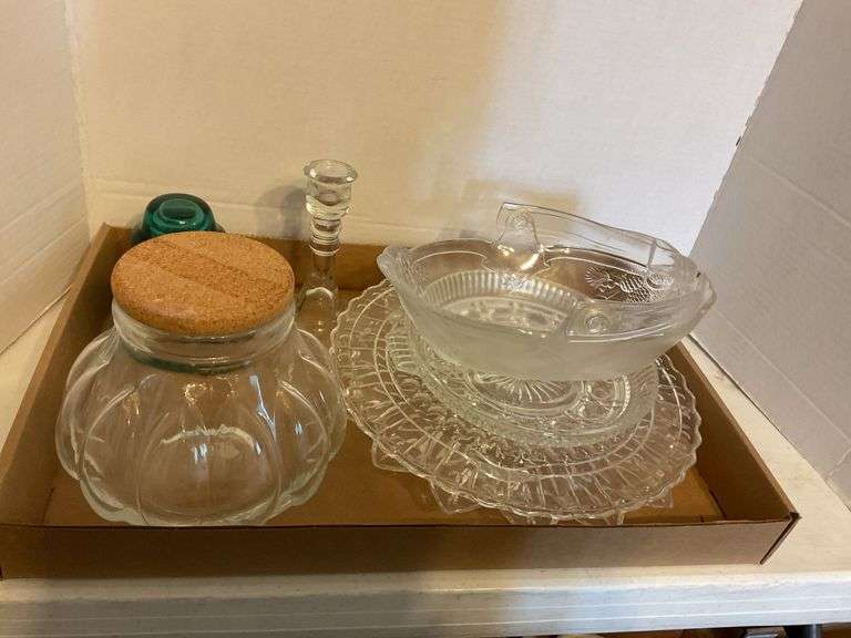Collection of Assorted Glassware - Jar, Plates, Candlestick, and More image
