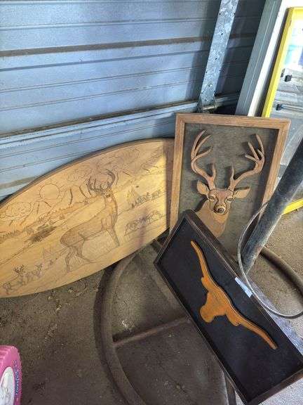 Handmade Wood Art: Deer Scene, Deer Head & Texas Longhorn image