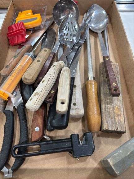 Box Lot of Kitchen Cutlery, Serving Utensils, and Sharpening Tools
