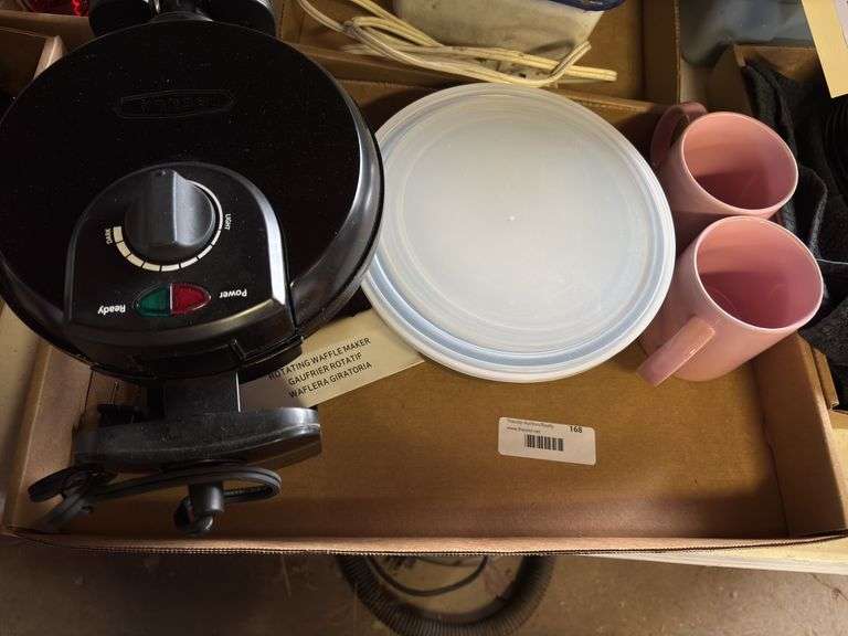 Rotating Waffle Maker, Bowl and Lid, and Two Pink Mugs image