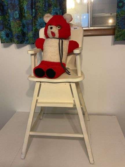 Vintage Wooden High Chair with Plush Bear image