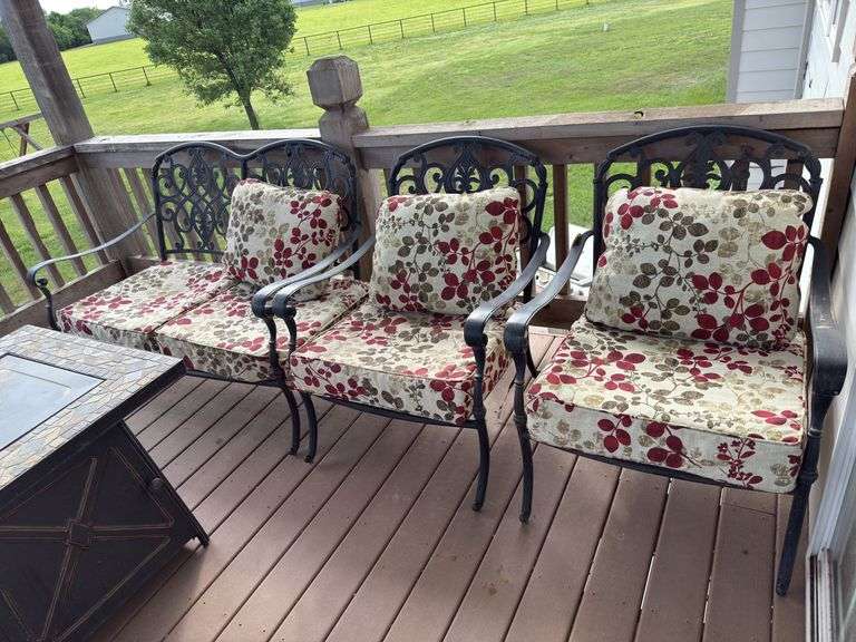 Metal Outdoor Patio Furniture Set: Bench and Two Chairs, includes cushions image