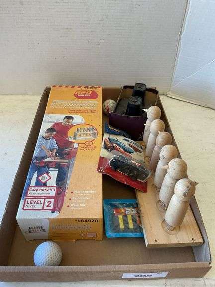 Mixed Lot: Red Toolbox Christmas Carol Kit, Hot Wheels, Viewfinder, Golf Ball, and Wood Craft Pieces image