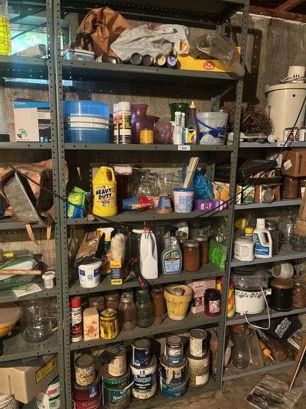 Shelving Unit With Household Cleaners, Garden Supplies and Paint Lot Included image