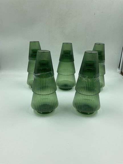 Set of Six Green Ribbed Glass Cups image