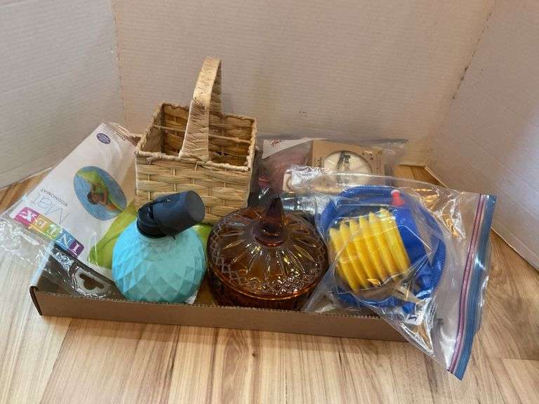 Assorted Household Items: Basket, Intex Mat, Pump, and More image