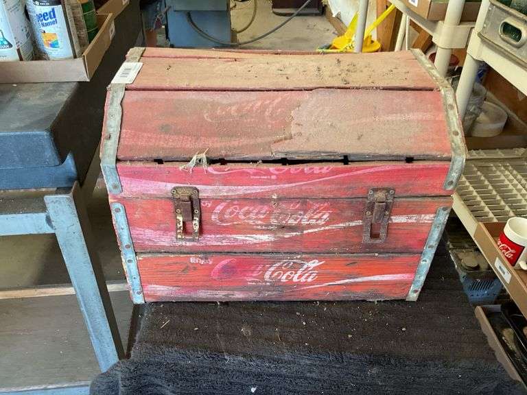 Coca-Cola Wooden Cooler with Various Advertising Items image