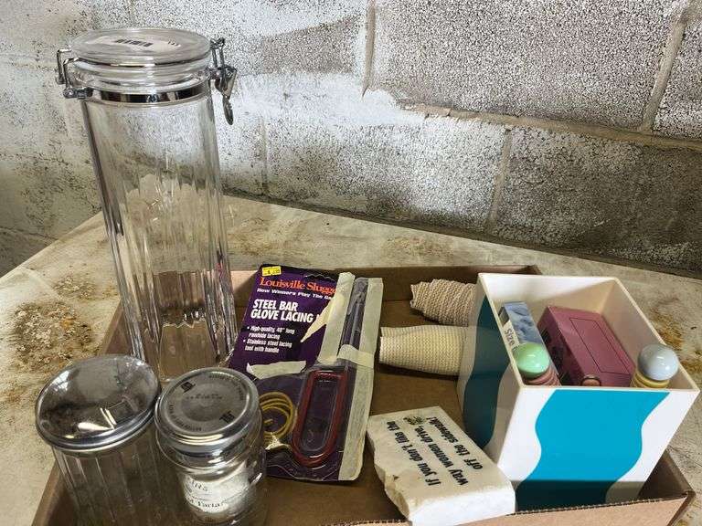 Box Lot: Jars, Baby Items, Louisville Slugger Lacing Tool & More image