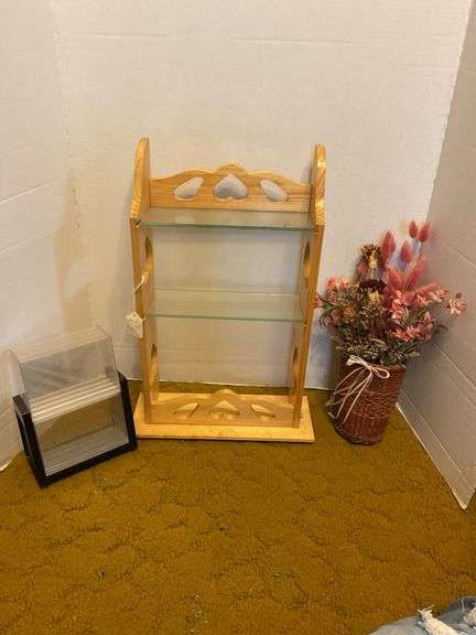 Wood Display Shelf with Glass Shelves and Stackable Display Cases image