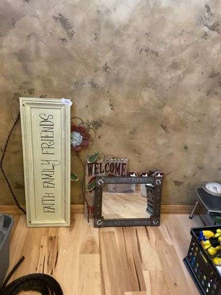 Assorted Rustic Home Decor Items: Signs, Mirror and Metal Flower image