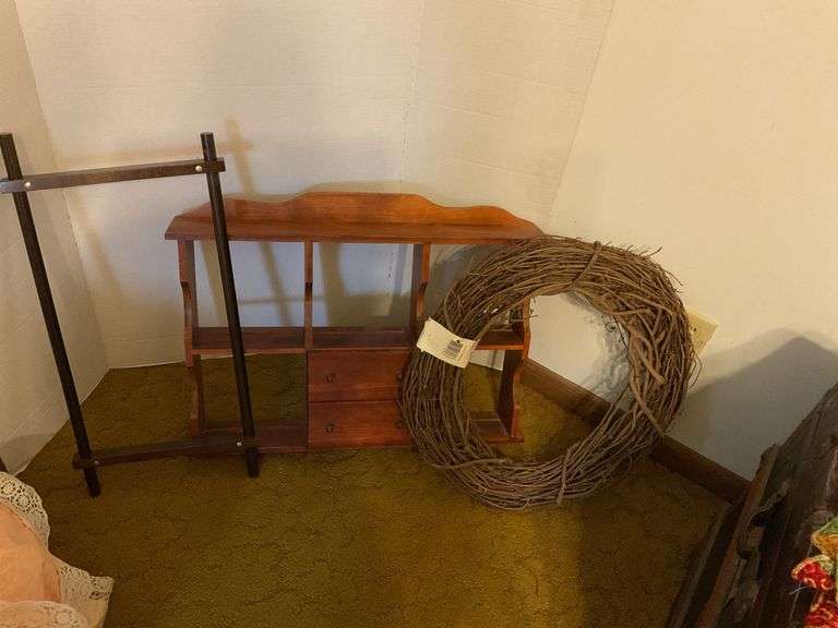 Wooden Shelf, Garment Rack, and Wreath image