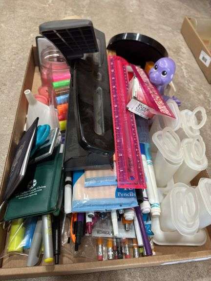 Box Lot of Mixed Office, Craft, and Household Supplies