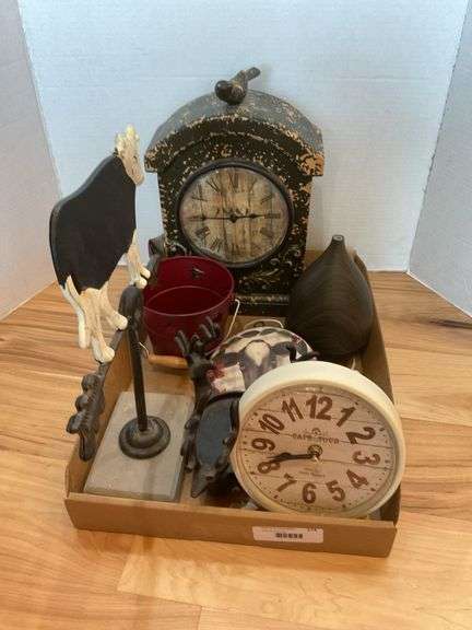 Assorted Home Decor Items: Clocks, Cow Weathervane, Vase, and More image