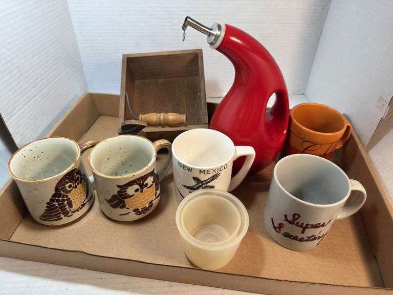 Assorted Kitchenware: Mugs, Oil Dispenser & Small Wood Crate image