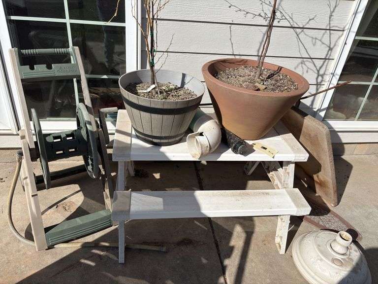 Lawn and Garden Miscellaneous Lot: Hose Reel, Potted Plants, PVC Pipes, Table, Umbrella Base, and More image