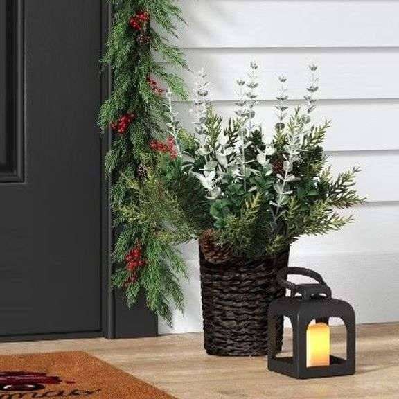 Decorative Pine & Eucalyptus Arrangement in Basket Planter image