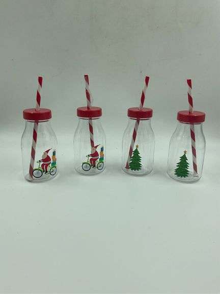 Set of 4 Holiday Themed Milk Bottle Style Cups with Straws image