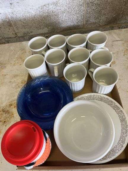 Variety of Kitchenware: Mugs, Plates, Bowls, and Travel Mug image
