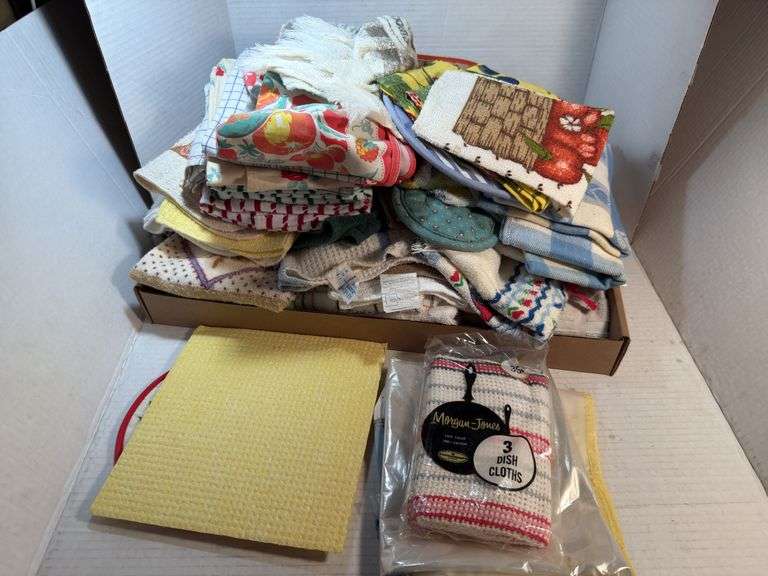 Assorted Kitchen Linens, Dish Towels, Cloths, and Potholders - Large Lot image