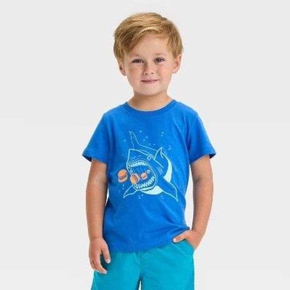 Boy's Blue Shark Eating Burgers Graphic T-Shirt image