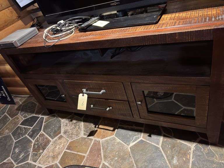 Dark Wood Media Console with Glass Door Cabinets, 62" x 18" x 31" image
