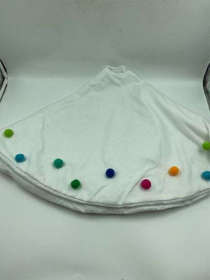 White Christmas Tree Skirt with Pom Pom Detail image