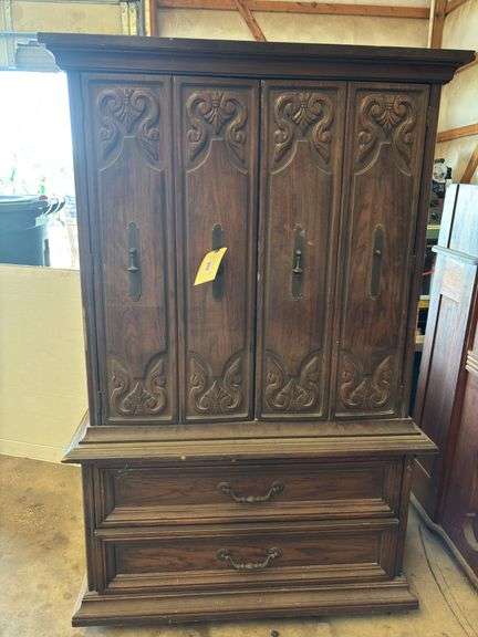 Dark Wood Armoire with Carved Detail and Drawer Storage (3 ft x 18-1/2 in x 60-1/2 in) image