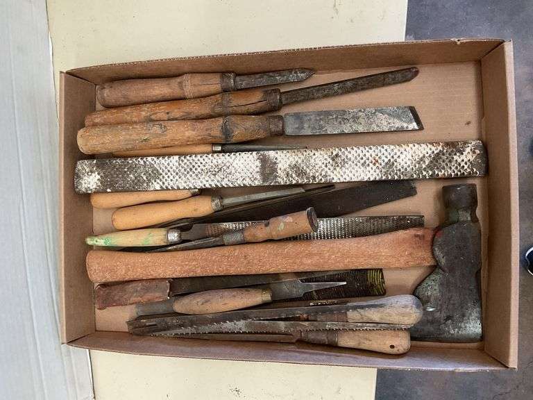 Assorted Woodworking Hand Tools - Chisels, Files, Rasps, Saws, Axe image