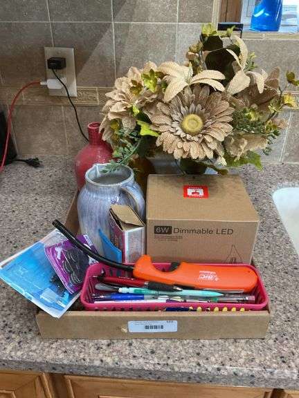 Box Lot Assorted Items: LED Bulbs, Floral Arrangement, Vases, and More image