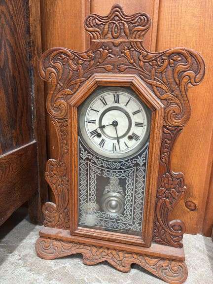 Ornate Wood Framed Mantle Clock with Keys (Glass Is Cracked)