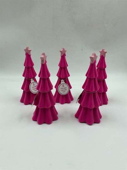 Set of 5 Small Flocked Ceramic Christmas Trees image