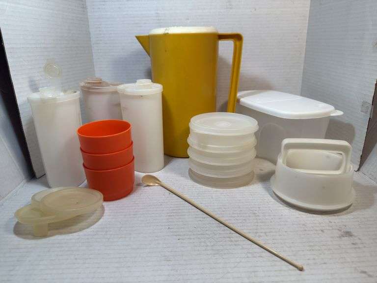 Vintage Plastic Pitcher, Cups, and Food Storage Container Set image