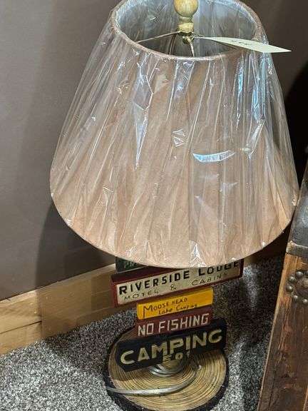 Rustic Lodge Style Table Lamp with Stacked Signs image
