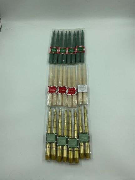 Pine Tree Taper Candles - Green, Ivory, and Gold - Three Sets of Two image