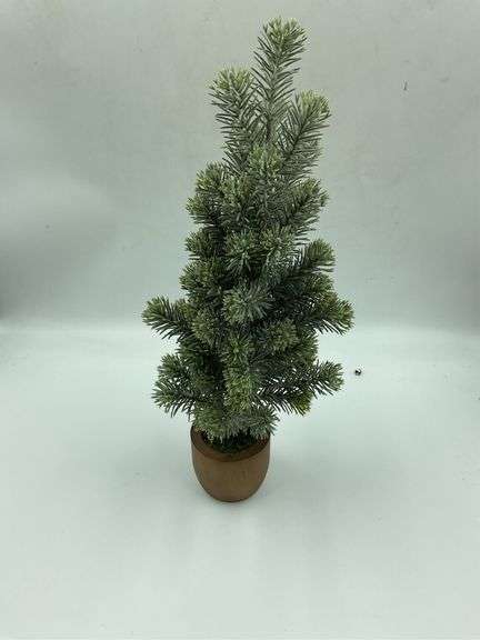 Small Artificial Christmas Tree in Wood Pot image
