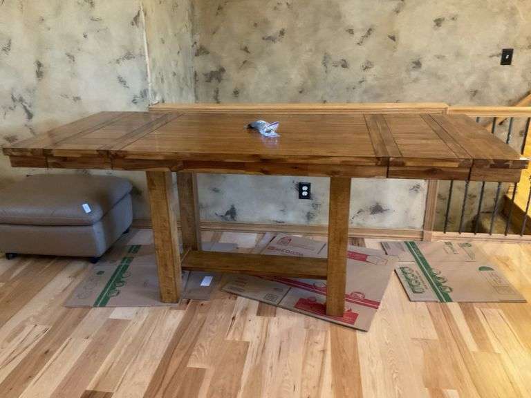 Pub-height dining table, 86" x 36" x 36-1/2", with 8 suede & wood chairs (19x48 seat, 25" tall) image