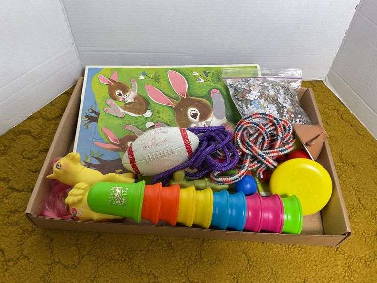 Box Lot of Toys & Games: Puzzle, Pony, Football, Jump Rope & More image
