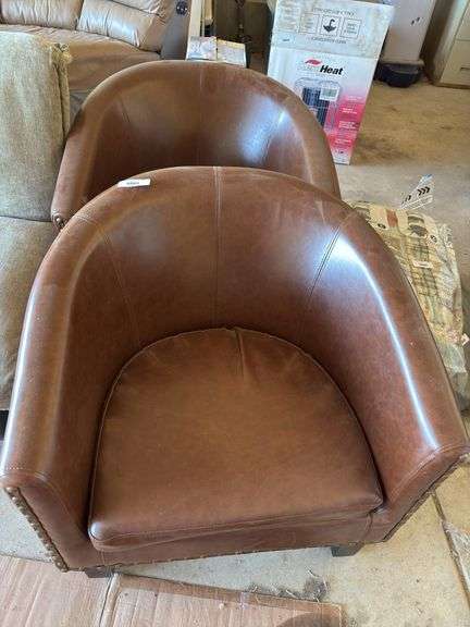 Pair of Brown Leather Tub Chairs with Nailhead Trim image