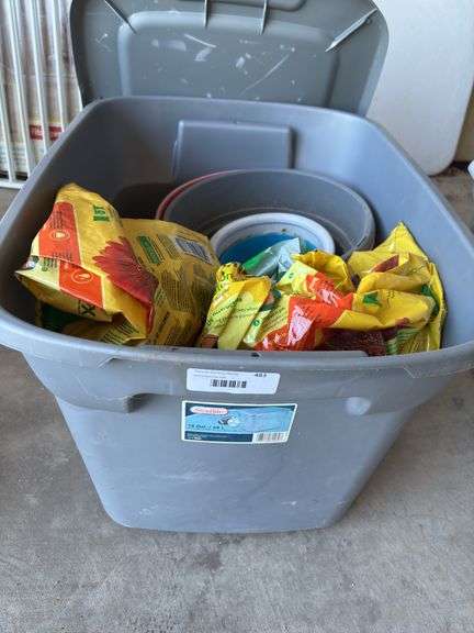 Storage Bin with Potting Soil and Flower Pots image