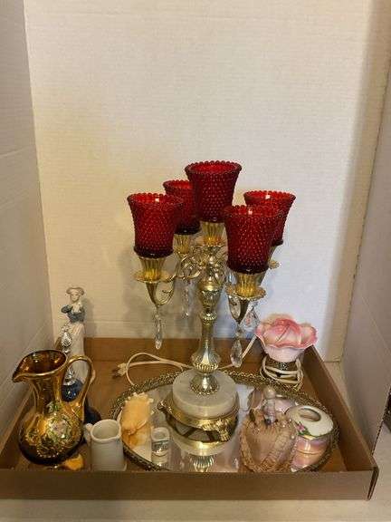 Mixed Lot: Candelabra Lamp, Rose Night Light, Pitcher, & Decorative Items image