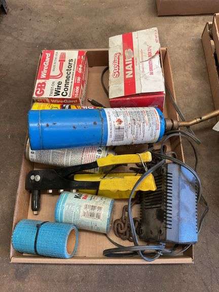 Mixed Lot of Tools and Hardware - Wire Connectors, Torch, Pliers, Nails image