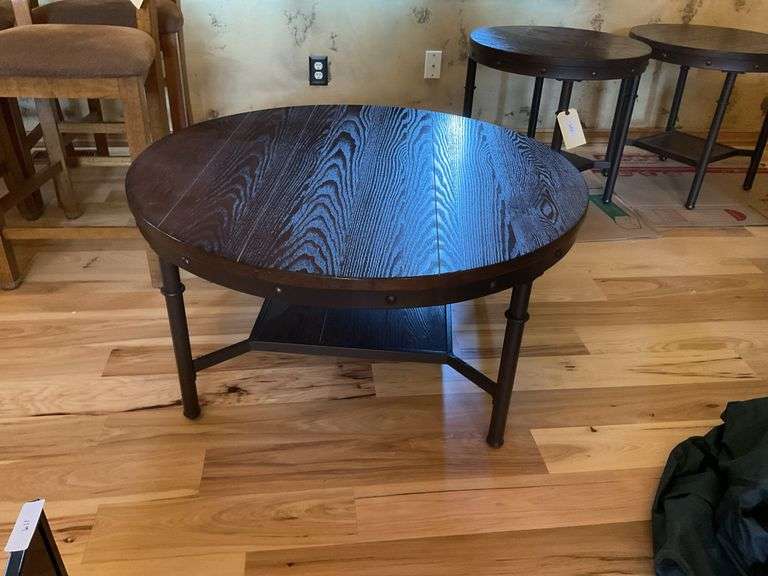 Round Dark Wood Coffee Table with Metal Accents, 38" diam x 20" image