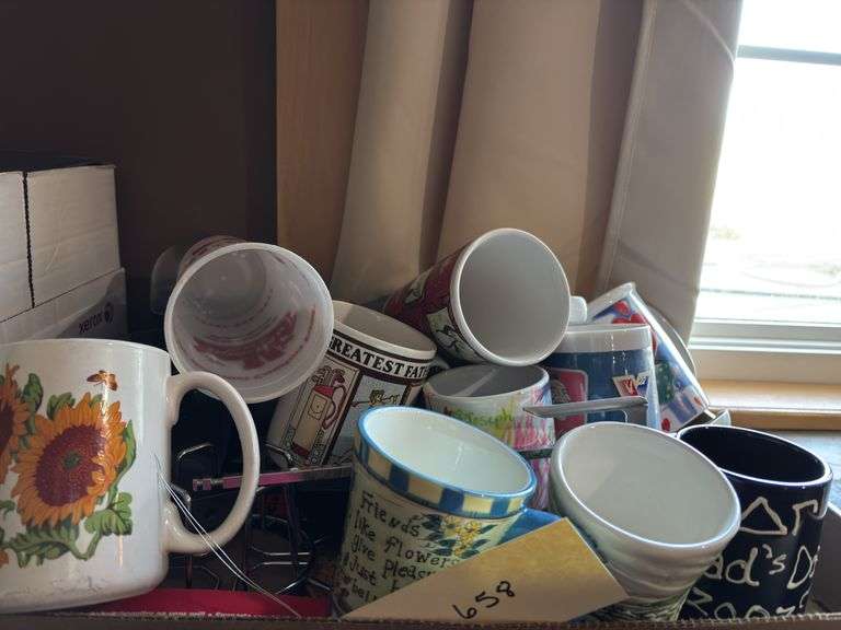 Box Lot of Assorted Mugs and Vintage Kitchen Utensil image