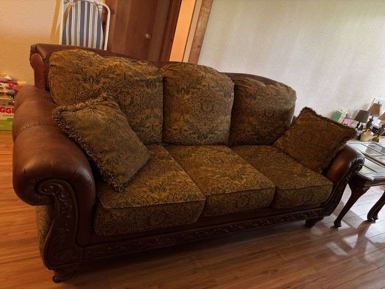 Leather Trimmed Three Seat Sofa with Patterned Upholstery
