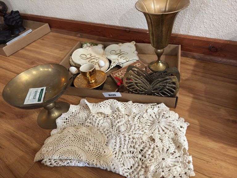 Mixed Household Decor Lot - Brass, Lace, Wall Hangings & More
