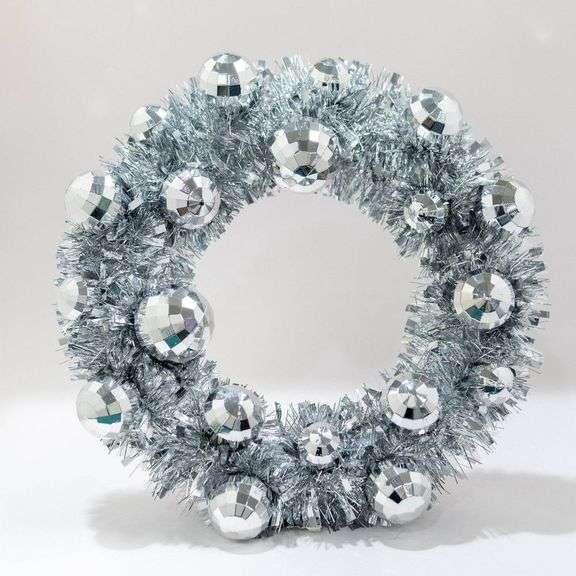 Set of Two Silver Tinsel and Disco Ball Wreaths image
