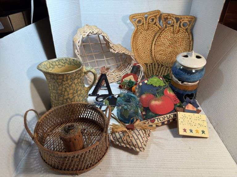 Assorted Decorative Items, Baskets, and Pottery image