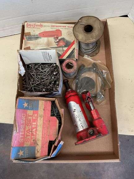 Box Lot: Assorted Tools & Hardware - Nails, Defroster Gun, Solder, Jack image