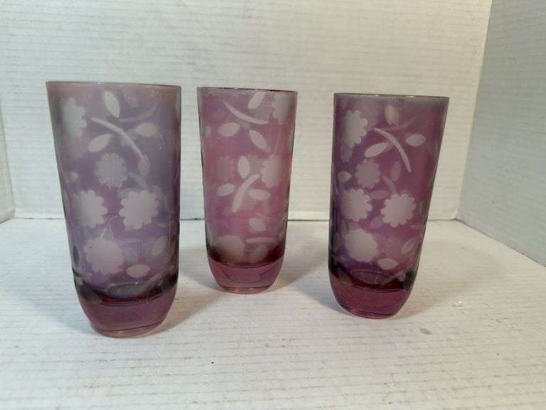 Set of Three Purple Floral Etched Glasses image